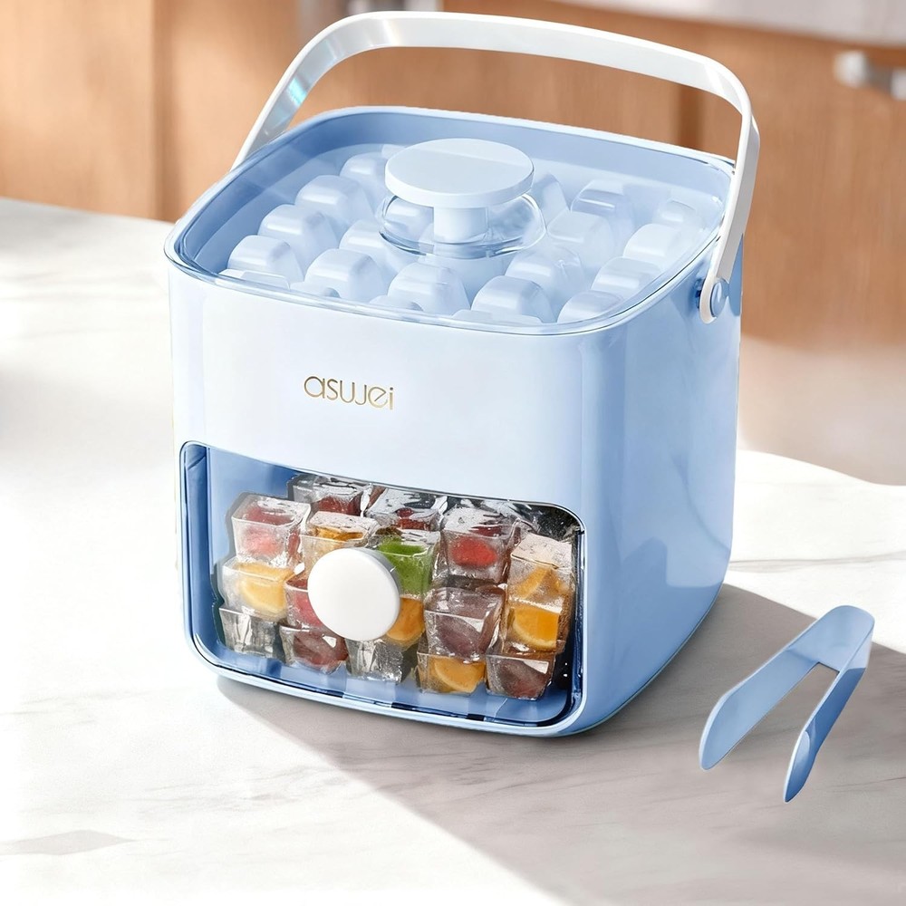 Compact Stackable Ice Cube Maker with Clear Lid - Ideal for Home Bars, Ice Blue
