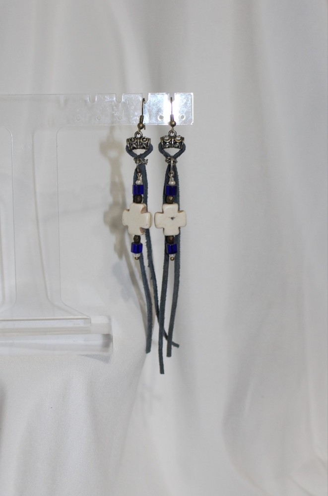 Nwt Handmade Leather Beaded Dangle Earrings