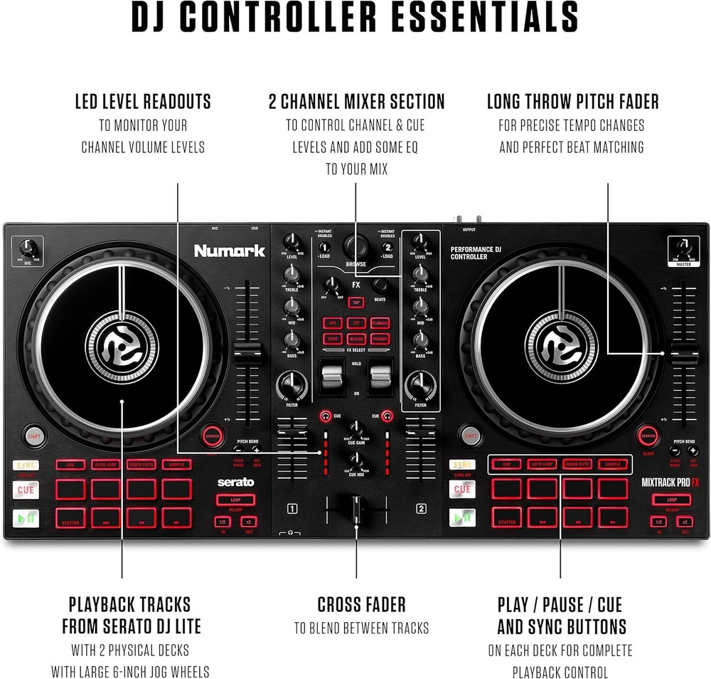 Numark Mixtrack Pro FX – 2 Deck DJ Controller For Serato DJ with DJ Mixer,