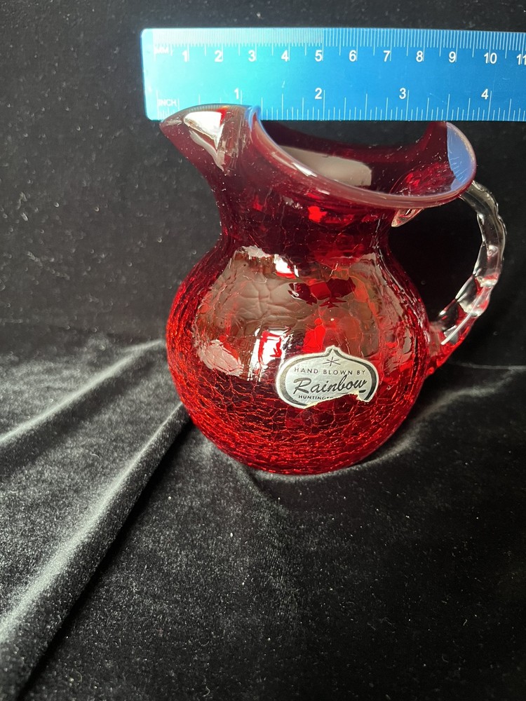 Hand Blown Rainbow Glass Ruby Red Crackle GlassPitcher w/Applied Clear Handle