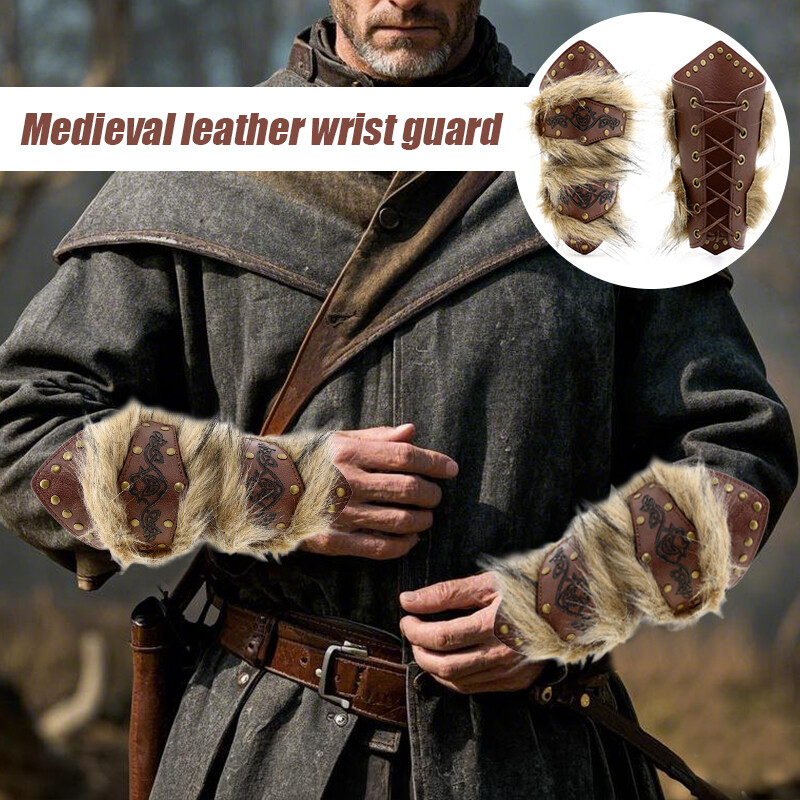 Medieval Faux Fur Wristband PU Leather Bracers Arm Guard Cosplay Props