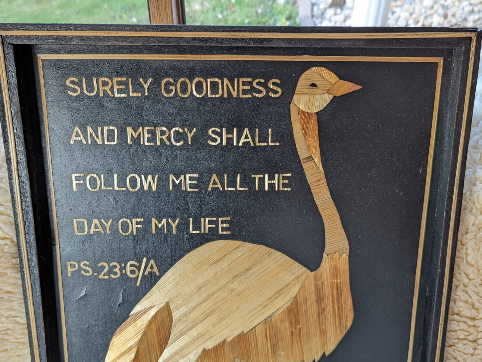 Handmade African Banana Tree Art Ostrich Christian Wall Decor Psalm 23:6 Vintage