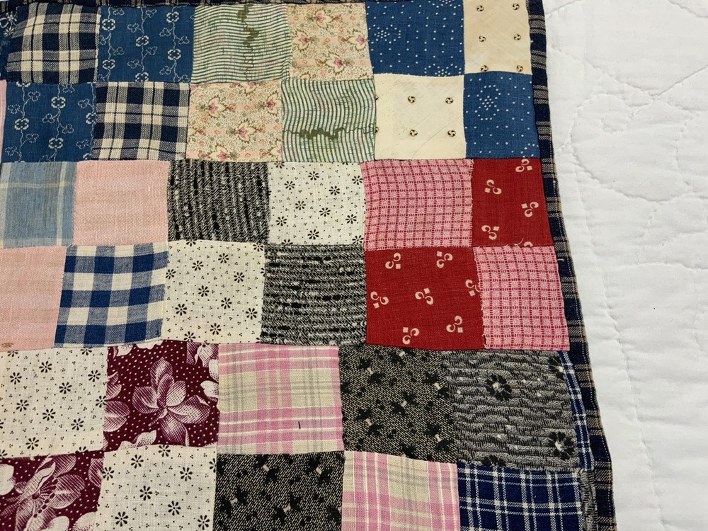 Antique Patchwork Quilt Table Topper, Rectangle, Four Patch, Early Calico Prints