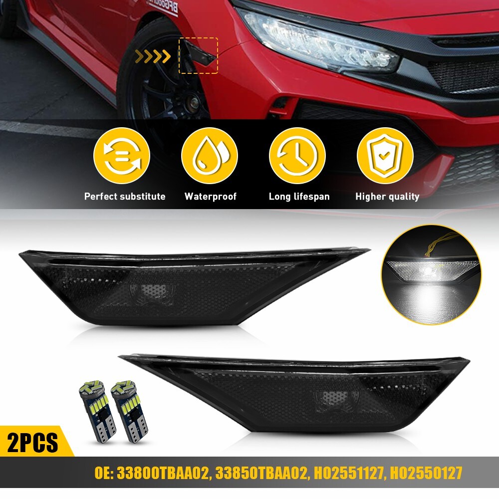 2PC For 2016-2021 Honda Civic Front LED Side Bumper Marker Smoked White LED EOA