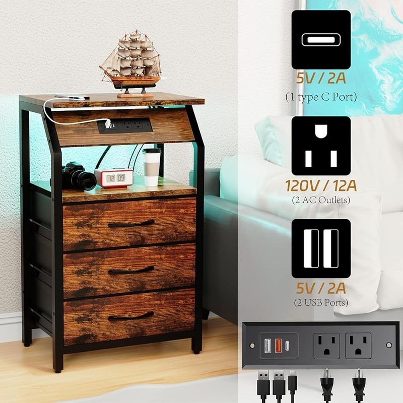 Compact Night Stand W/ USB Ports LED Light Table Bedroom Storage Solution