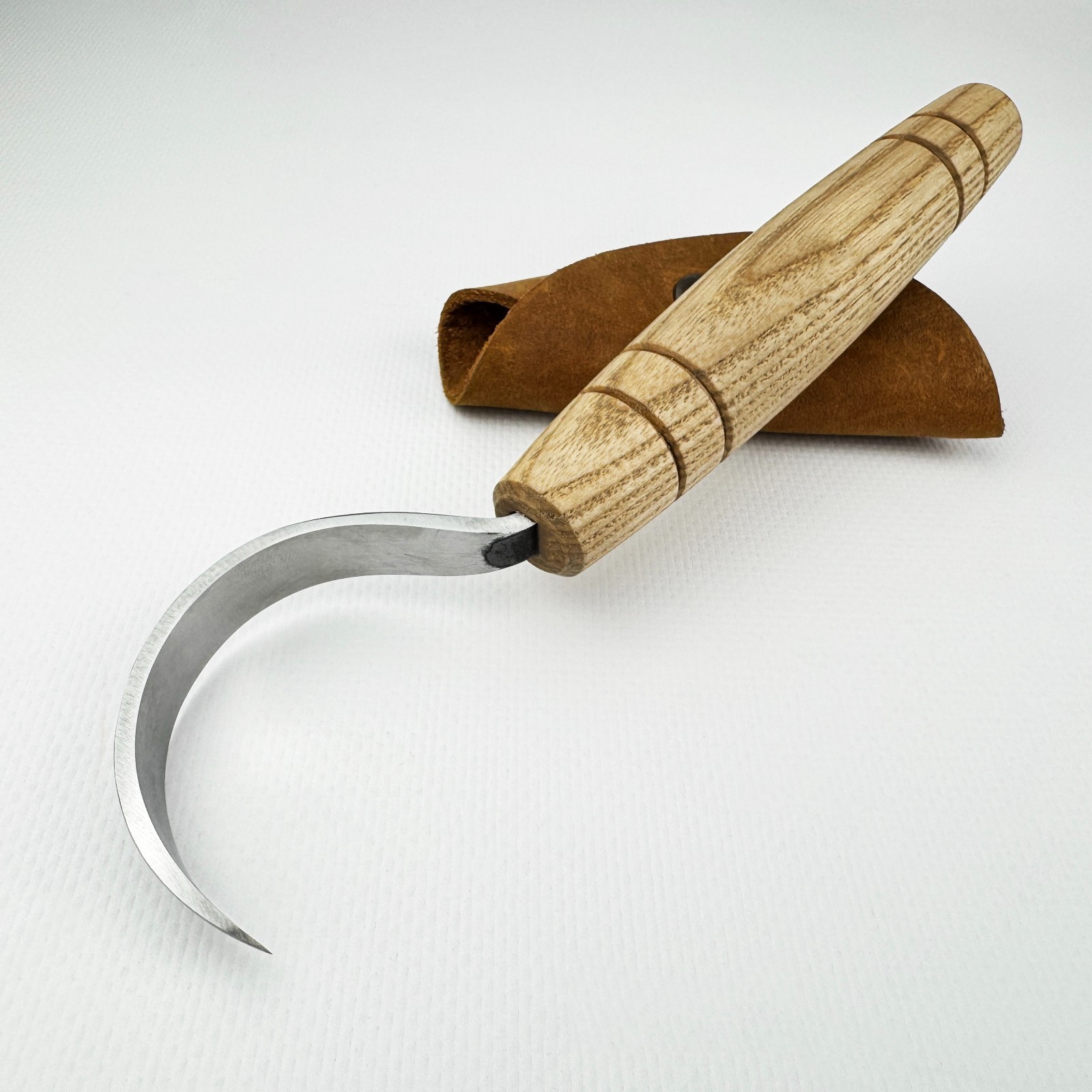 Hand-Forged Hook Knife – 52100 Steel Blade, Ash Handle, With Leather Sheath