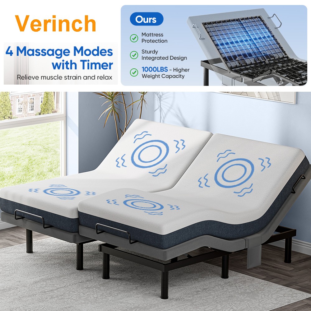 Verinch Adjustable Bed Frame With Massage Power Base Remote USB Split King Size
