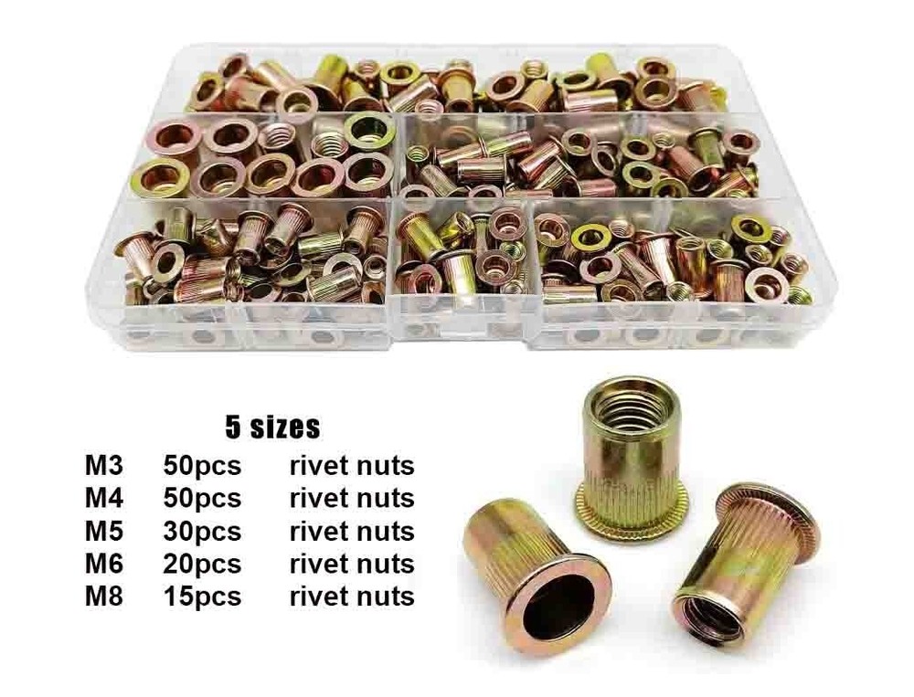 165pc M3 M4 M5 M6 M8 Rivet Nut Flat Head Thread Rivet Nutsert Cap Assortment Kit