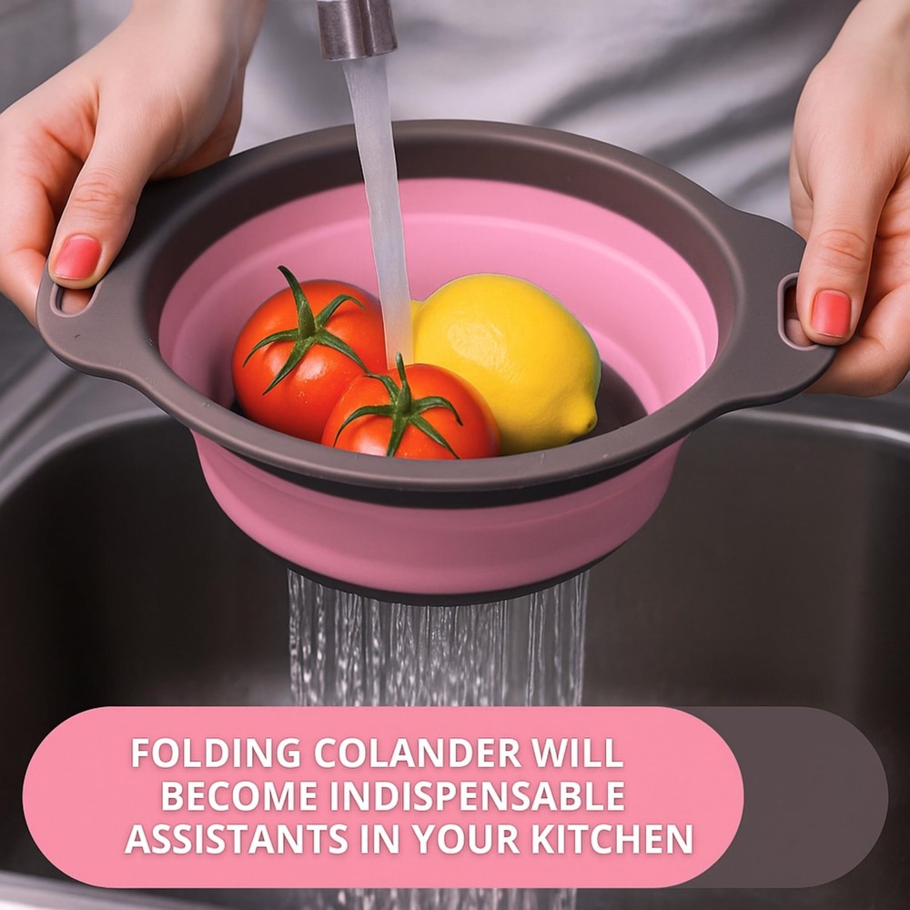 Pink Round Silicone Collapsible Kitchen Colander Plastic Handle Strainer