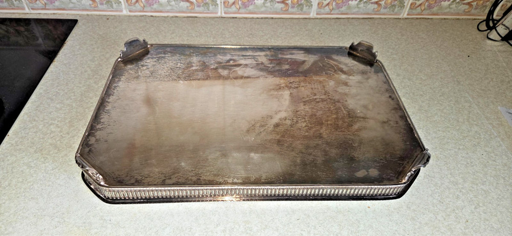 Vintage Heavy Sheffield Silver Plate Galleried Rectangular Footed TRAY Chased