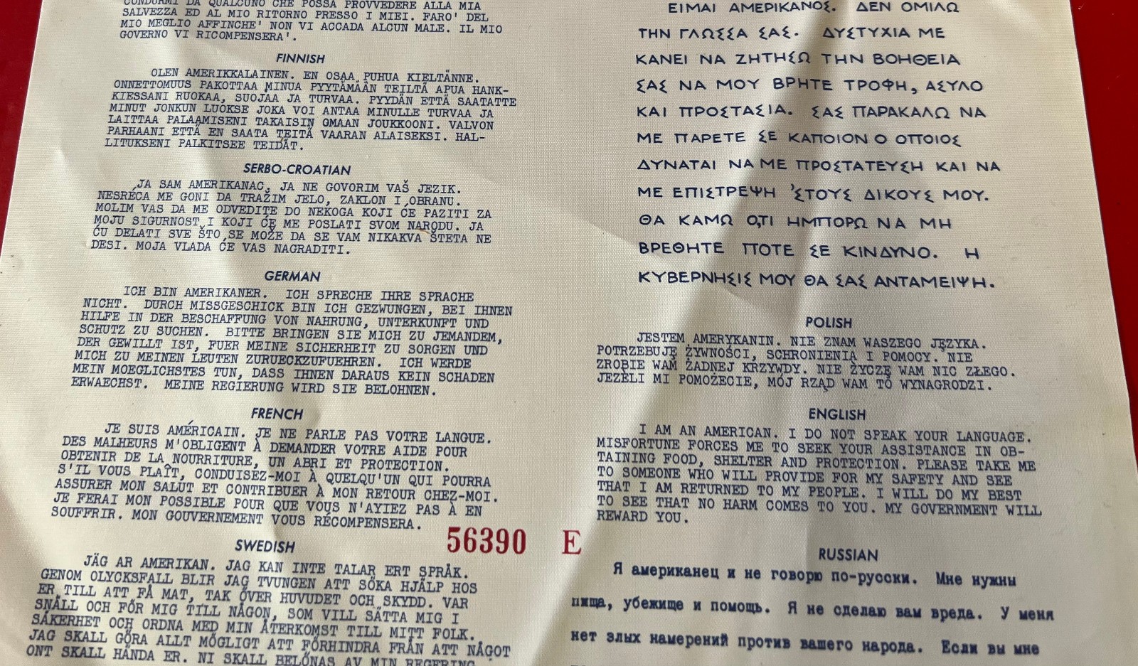 USAF/USN SURVIVAL BLOOD CHIT EUROPEAN XM-51-1 13 LANGUAGE