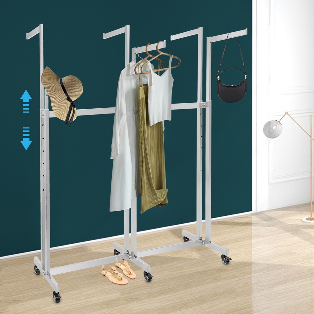 Adjustable Height 6-Arm Silver Garment Display Rack with Wheels