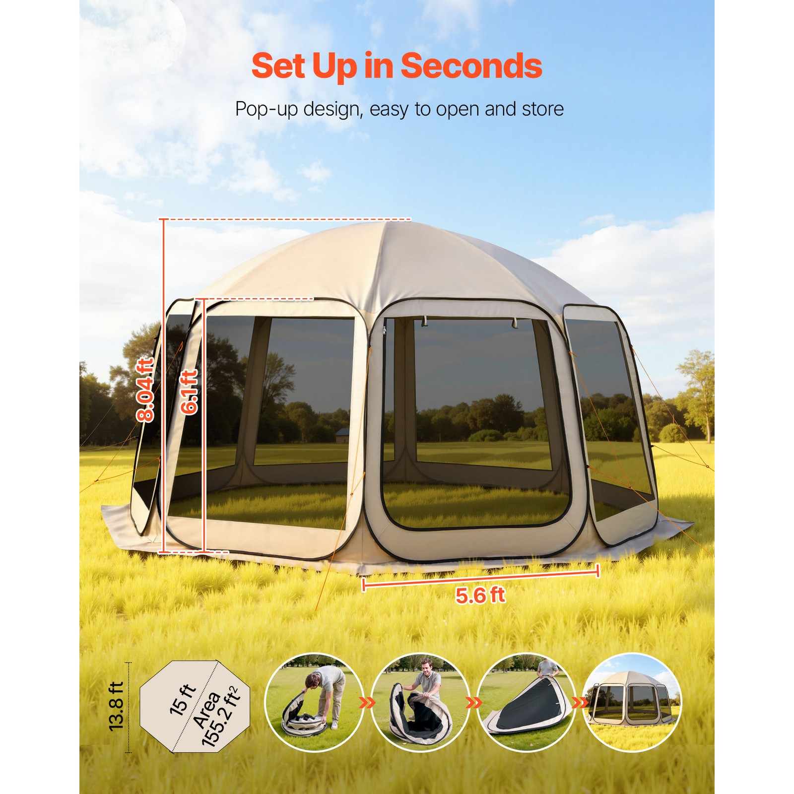 Uimoso Pop-Up Screen House Tent 15' x 13.8' Camping 12-15 People Gazebo Portable