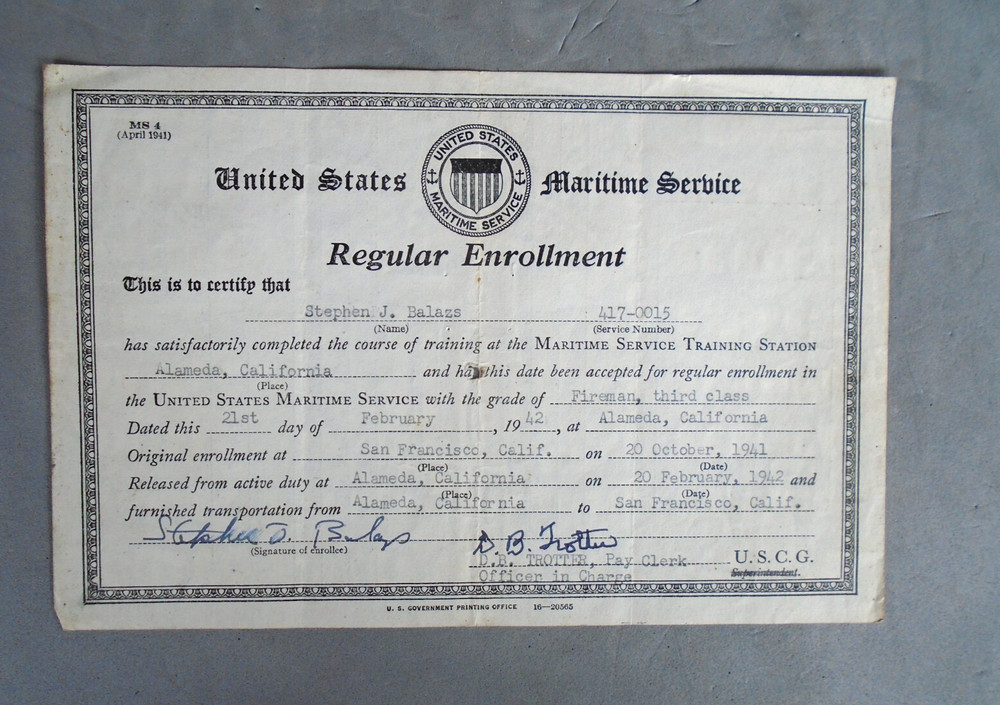 WWII US Maritime Service regular enrollment form