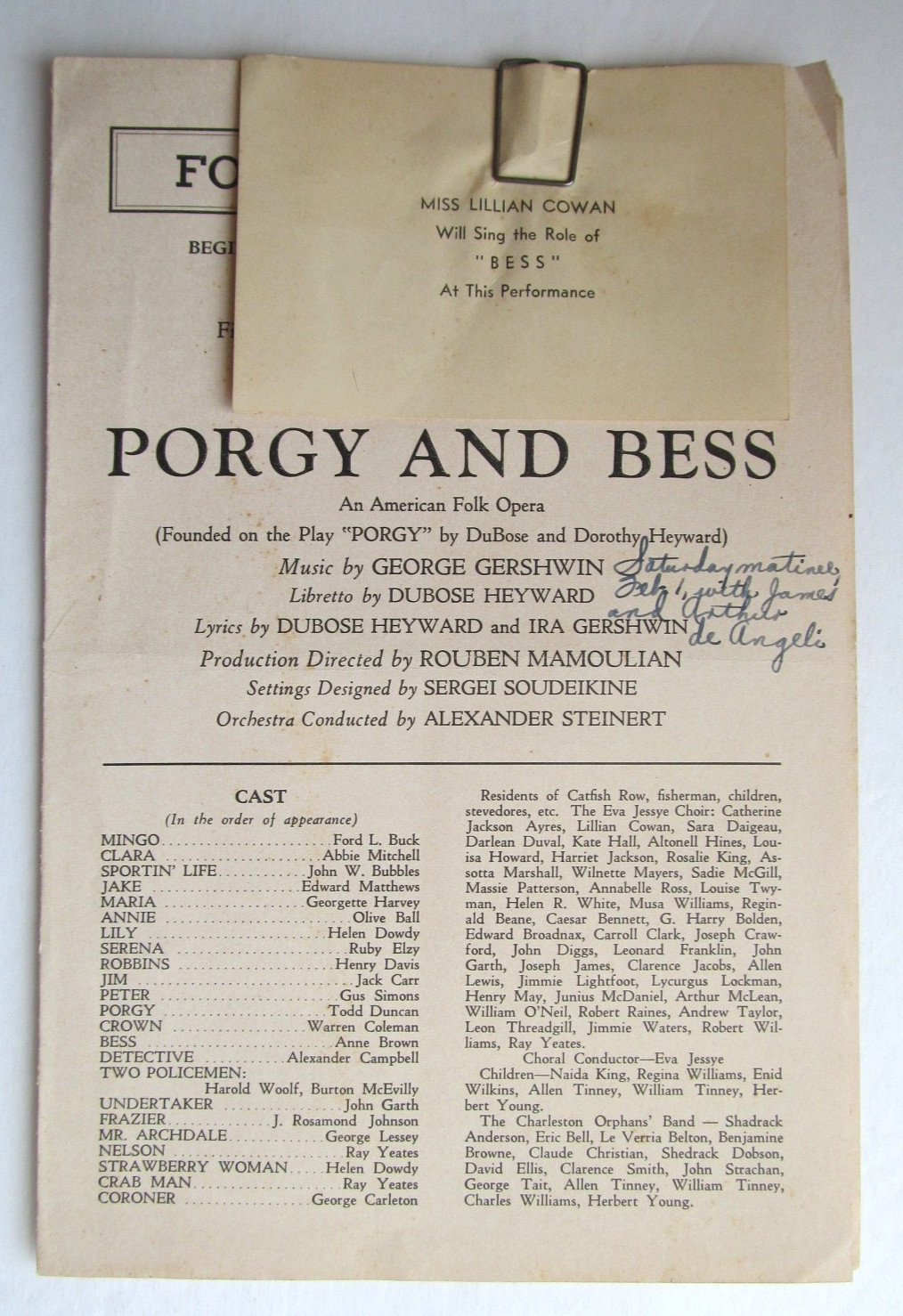 Program: Porgy and Bess (Philadelphia 1936) Lillian Cowan, John Bubbles