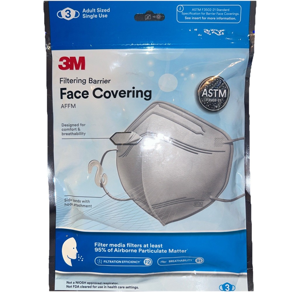 3M Filtering Barrier Face Covering, AFFM-3, One Size, 3/Pack , White