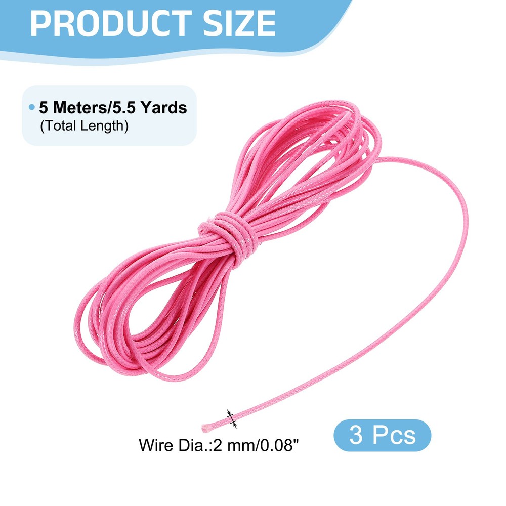 3Pcs Waxed Polyester Cord, 5.5 Yard 2mm Wax Bead Thread String, Pink