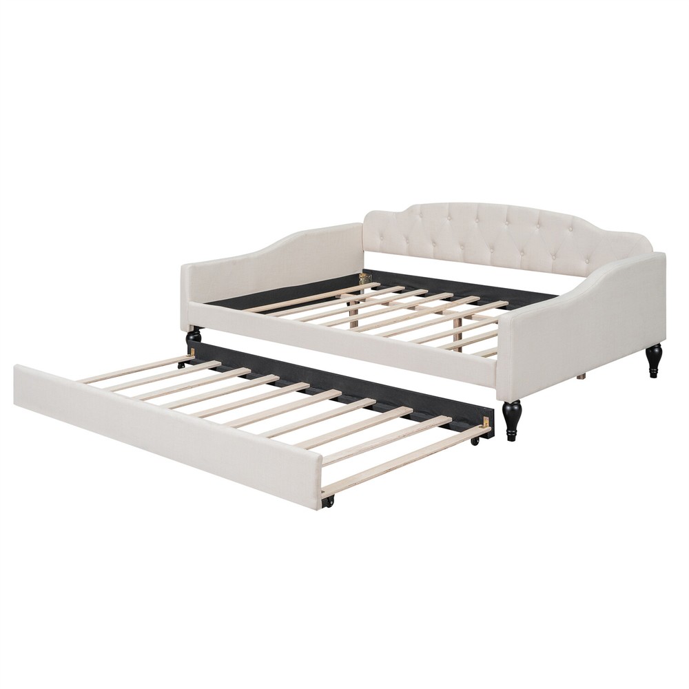 Full Size Daybed w/ Pull Out Trundle Bed Upholstered Bed Frame Sofa Bed Beige