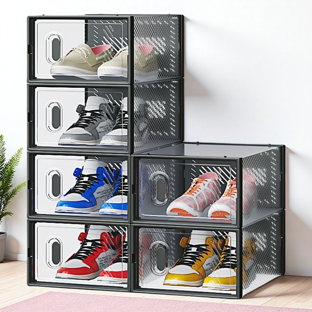 6-Pack Shoe Storage Boxes - Stackable, Plastic Mesh, Door, Black & Small Size