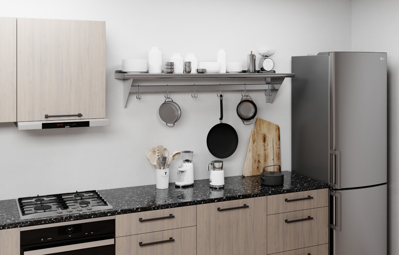 12 in. x 60 in. Stainless Steel Wall Mounted Pot Rack with Shelf and 6 hooks