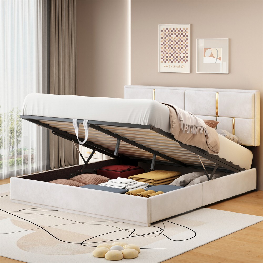 Queen Size Upholstered Platform Bed Frame with Hydraulic Storage System US