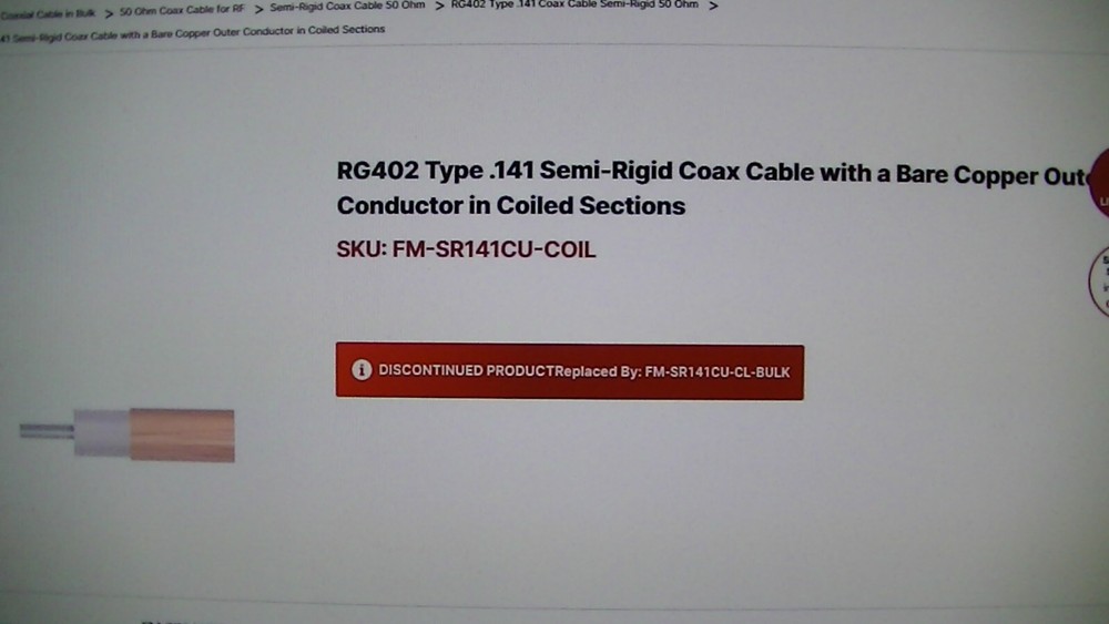 RG402 SOLID COPPER SHIELD COAX, STRAIGHT 5FT STICKS 17 COUNT