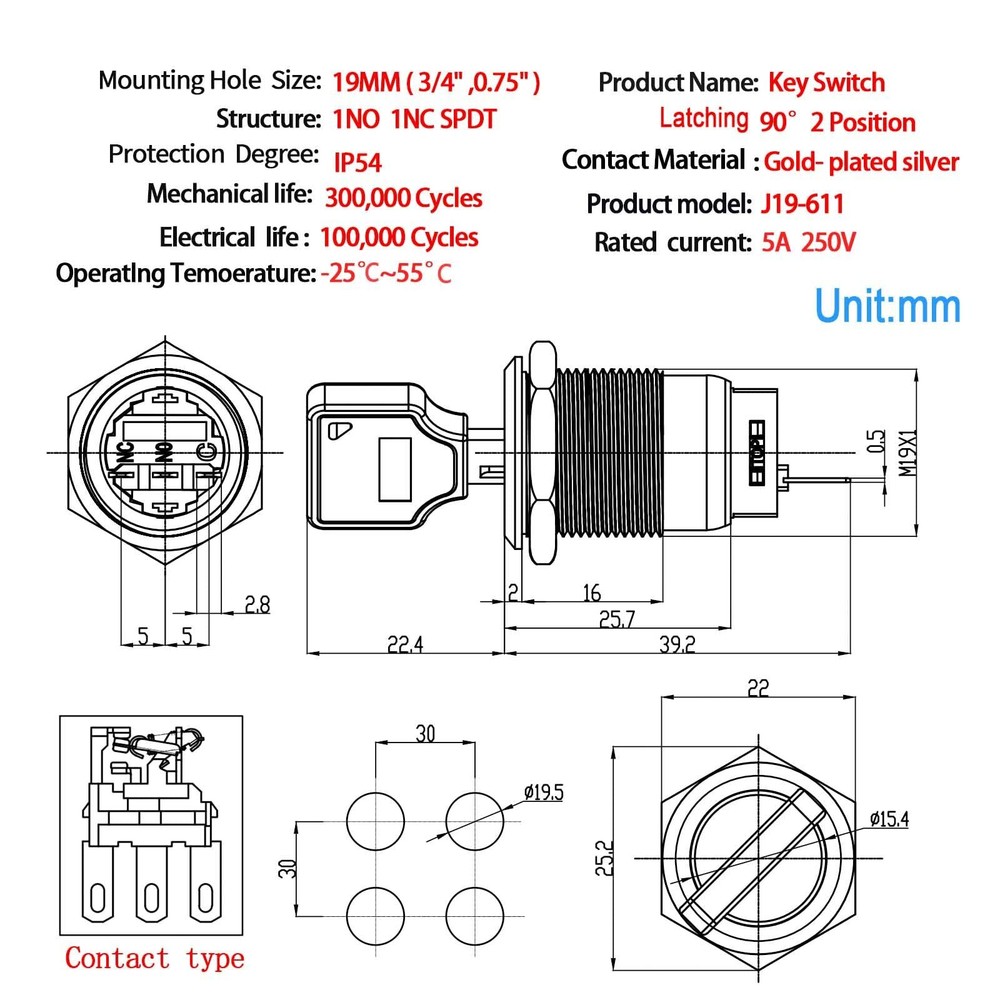 19mm 3/4" Key Switch Rotary Switch On/Off Metal Key Lock Switch Lock Maintain...