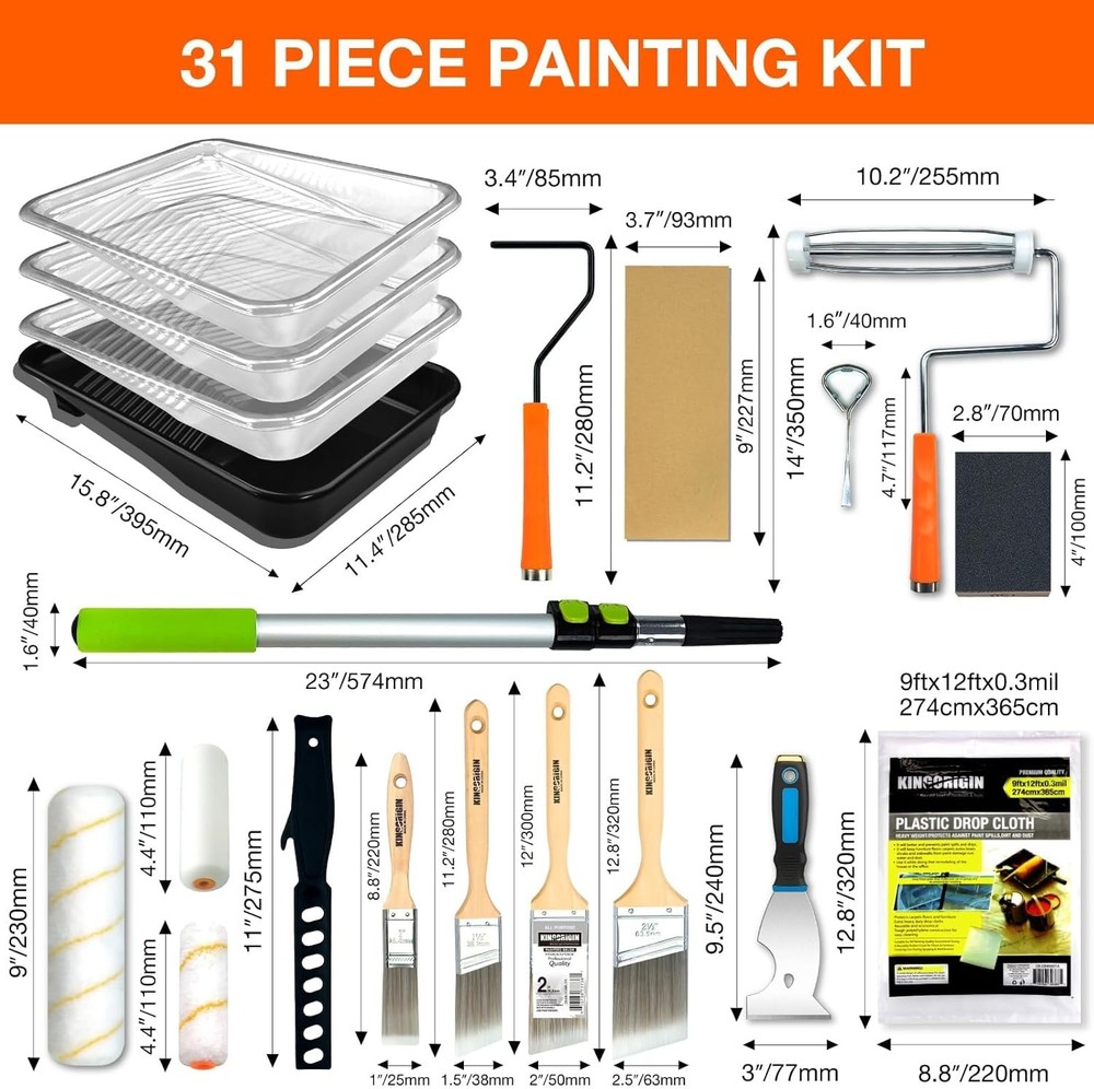 31 Pcs Paint Roller Kit, 9" & 4" Paint Roller Extension Pole