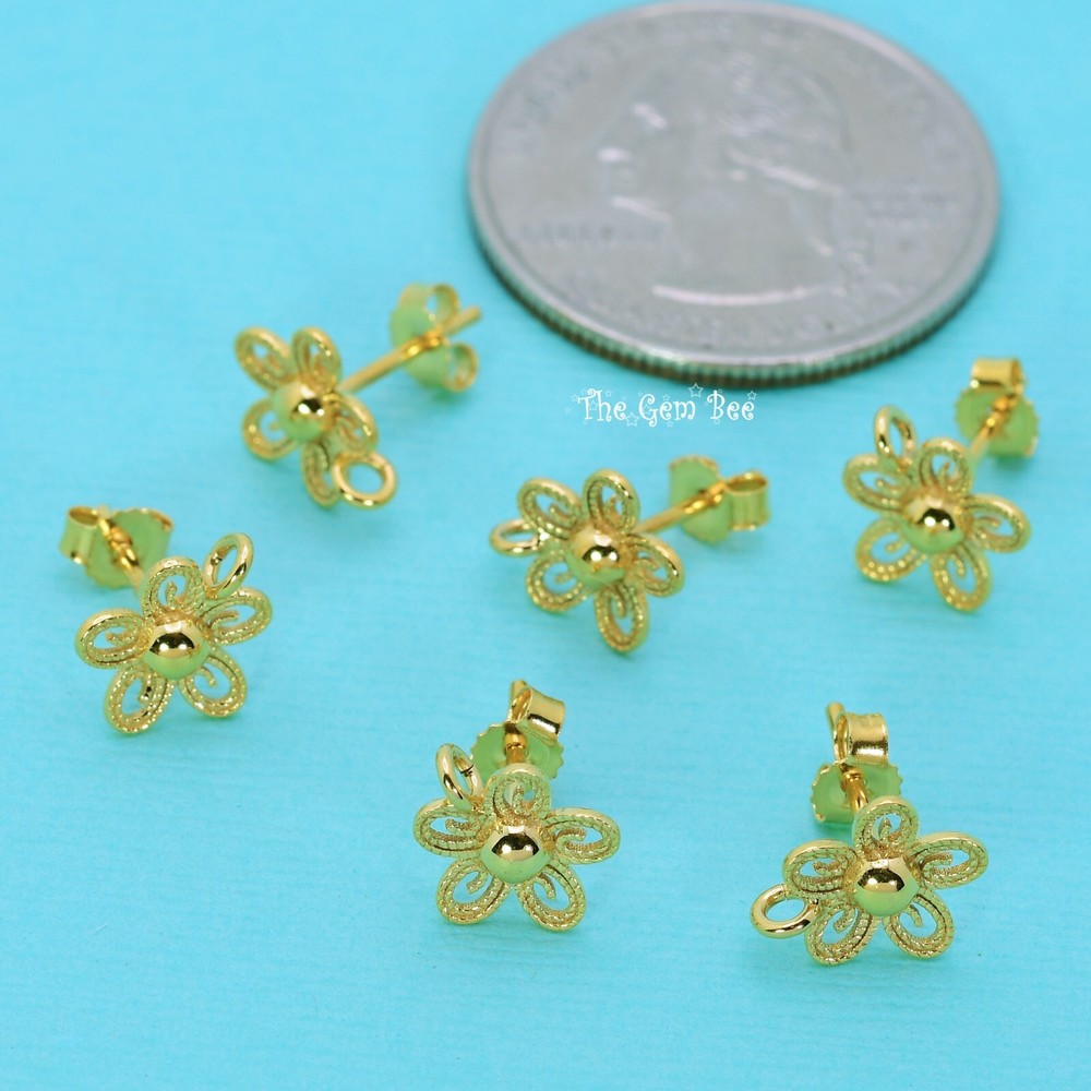 14k Solid Yellow Gold Filigree Fancy Flower Ear Posts With Backs PAIR