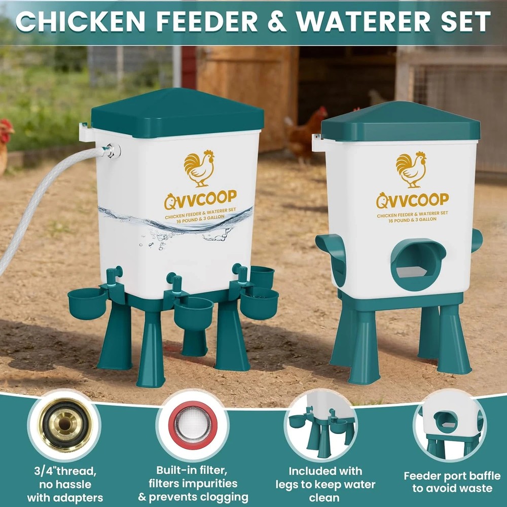 Automatic Chicken Feeder and Waterer Set, Chicken Waterer with Float Valve, Poul