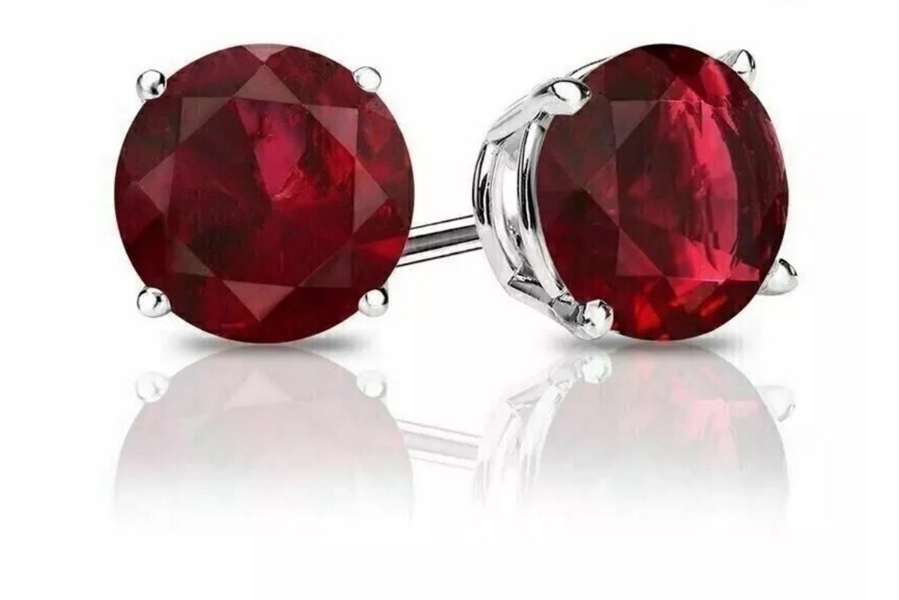 4 CT LAB CREATED RED RUBY STUD EARRINGS 14K WHITE GOLD ROUND CUT 7MM PUSH BACK