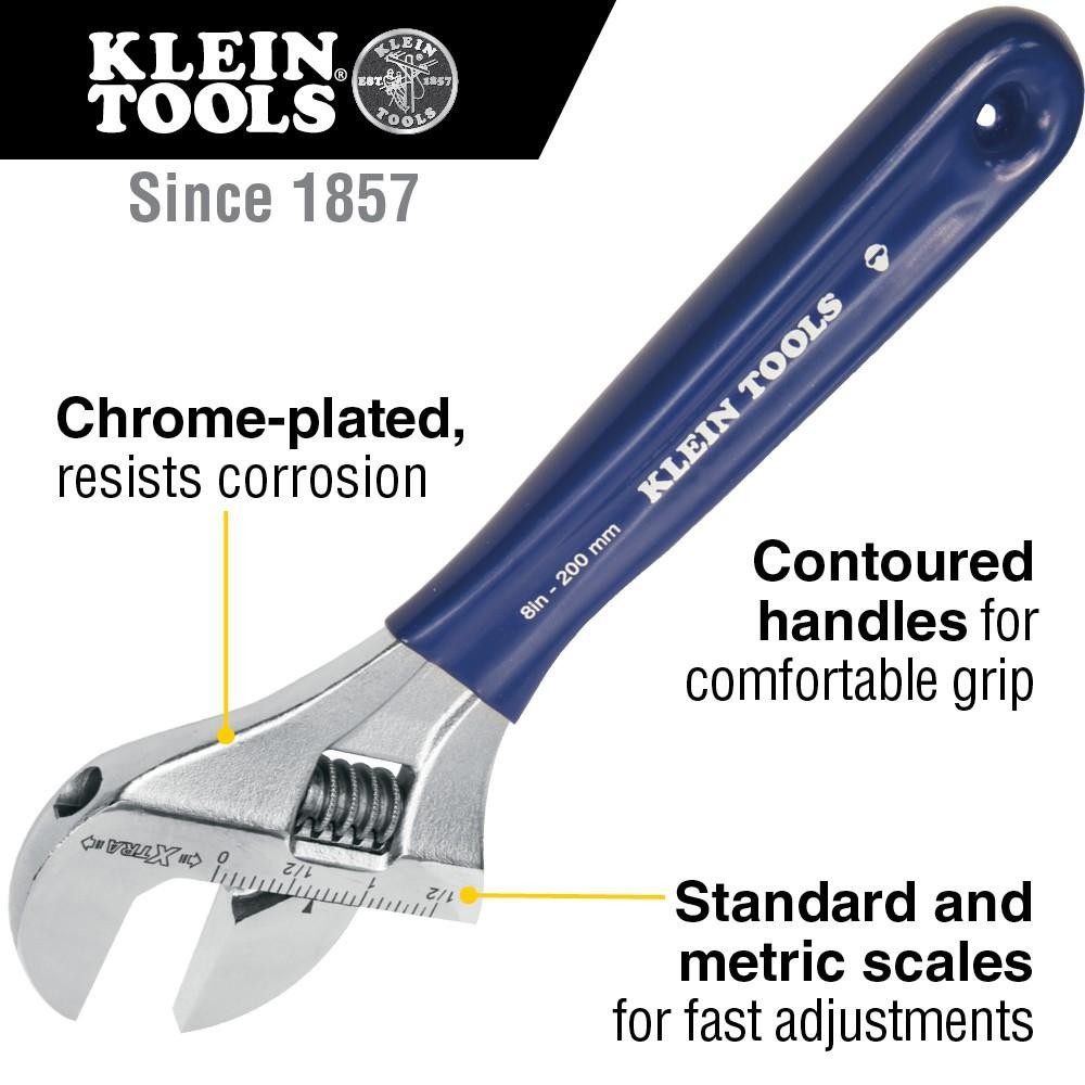 KLEIN TOOLS D509-8 Adjustable Wrench, Extra-Wide Jaw, 8-Inch