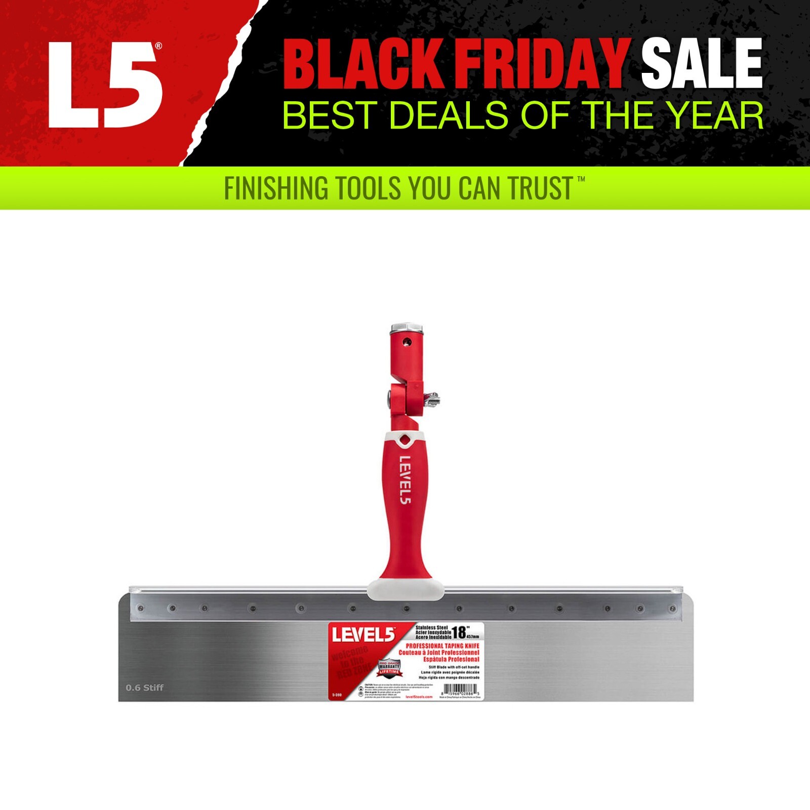LEVEL5 18" Offset Drywall Taping Knives, Stainless Steel w/ Stiff Blade | 5-390