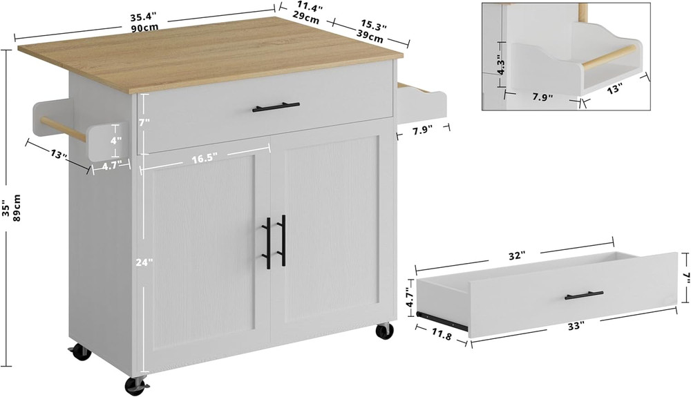 Rolling Kitchen Island Table on Wheels with Drop Leaf, Storage Cabinet, Drawer,