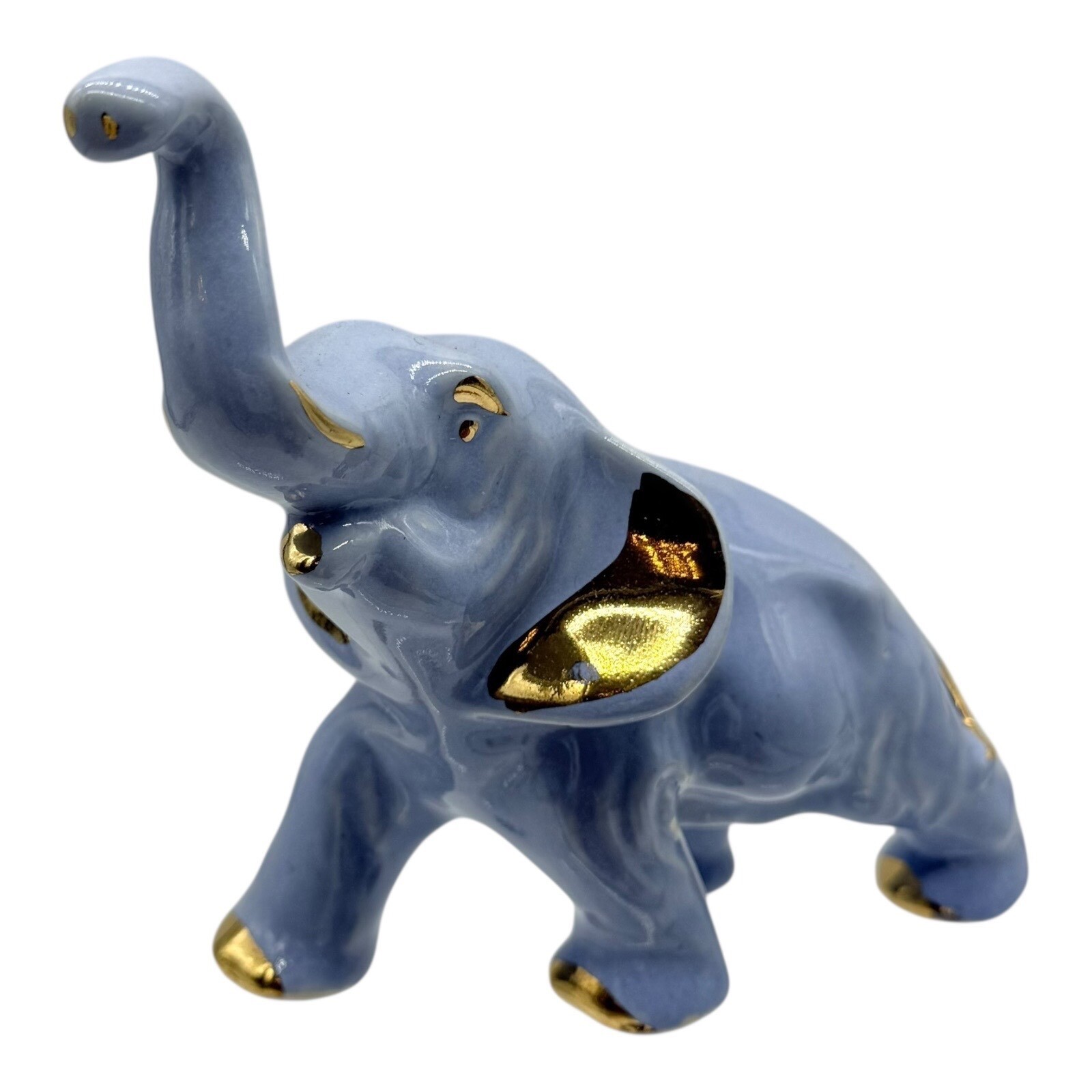 Elephant Figurine Blue Ceramic Gold Accents Trunk Up Good Luck Vintage Decor