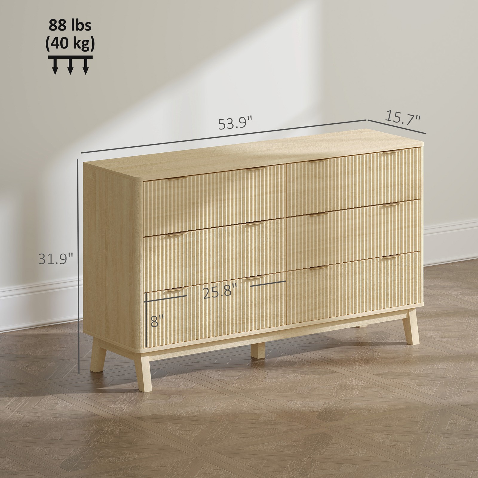 HOMCOM 6 Drawer Dresser for Bedroom, Fluted Chest of Drawers, Natural Wood