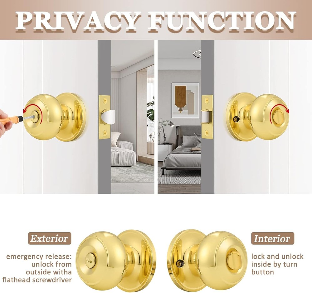 Probrico 6 Pack Privacy Door Knobs Lock Interior 6 Pack, Polished Brass