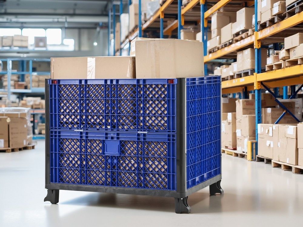 Collapsible Bulk Container Mesh Walls 600lb Capacity Stackable 4 High Blue