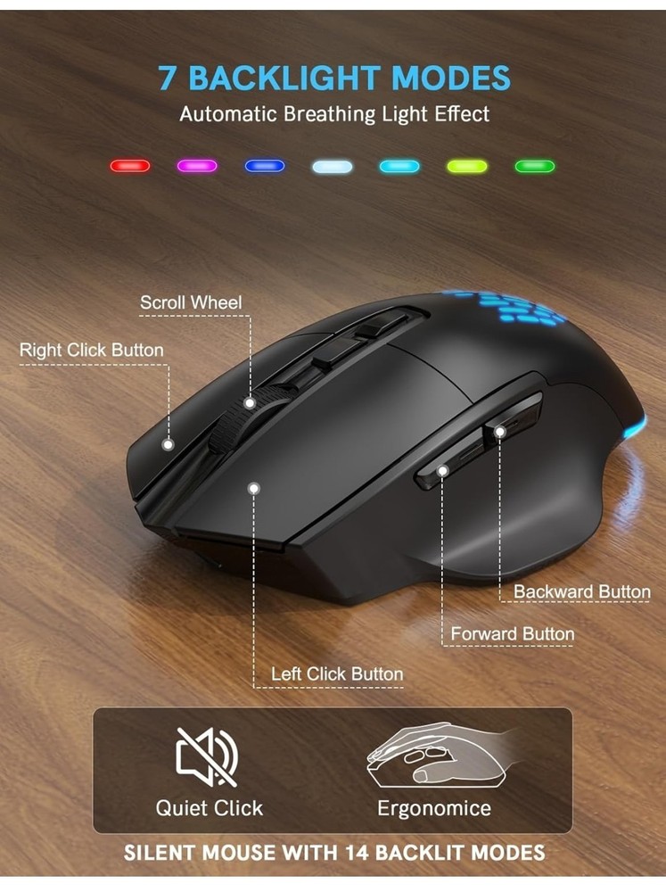 Ergonomic Wireless Keyboard and Mouse Combo - Wave Backlit Keyboard with Soft...