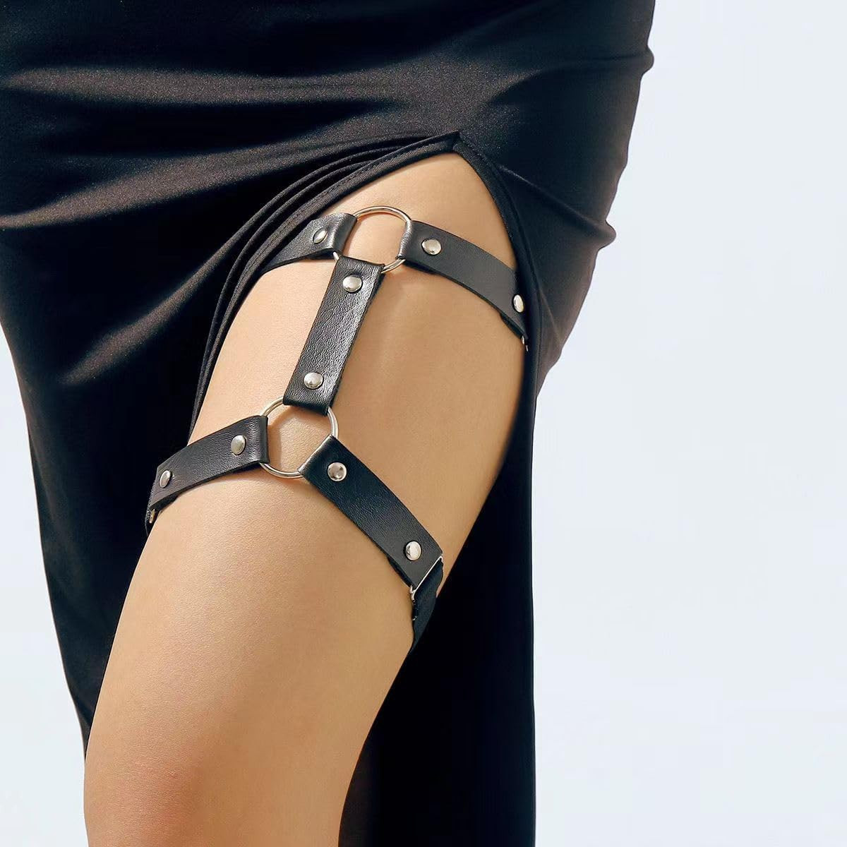Black PU Leather 2 Rows Leg Harness Adjustable Elastic Punk Garter Belt Gothic T