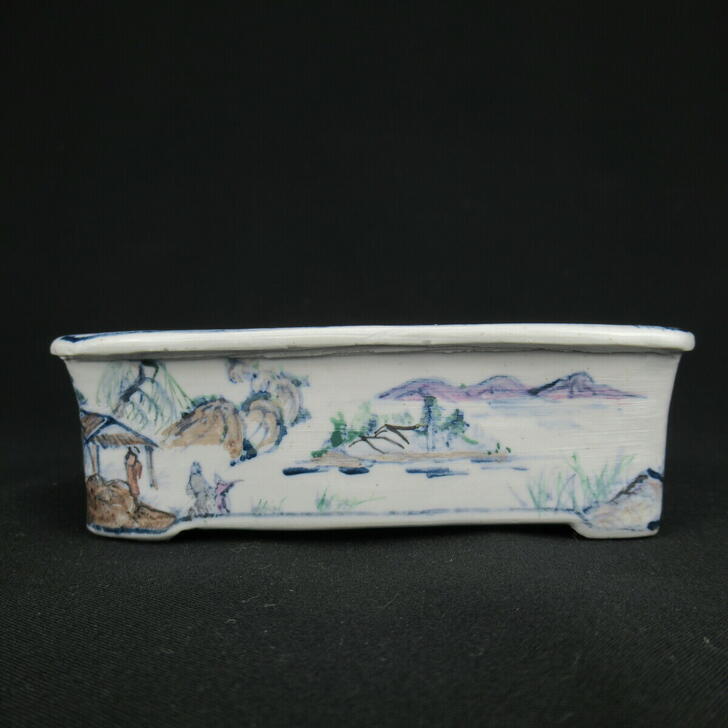 Bonsai Pot - Taniguchi Ranzan Small Rectangular Pot with Landscape and Figure