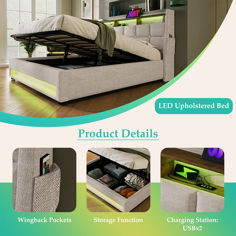 Queen Size LED Bed Frame Upholstered Platform Bed w/ Hydraulic Storage System