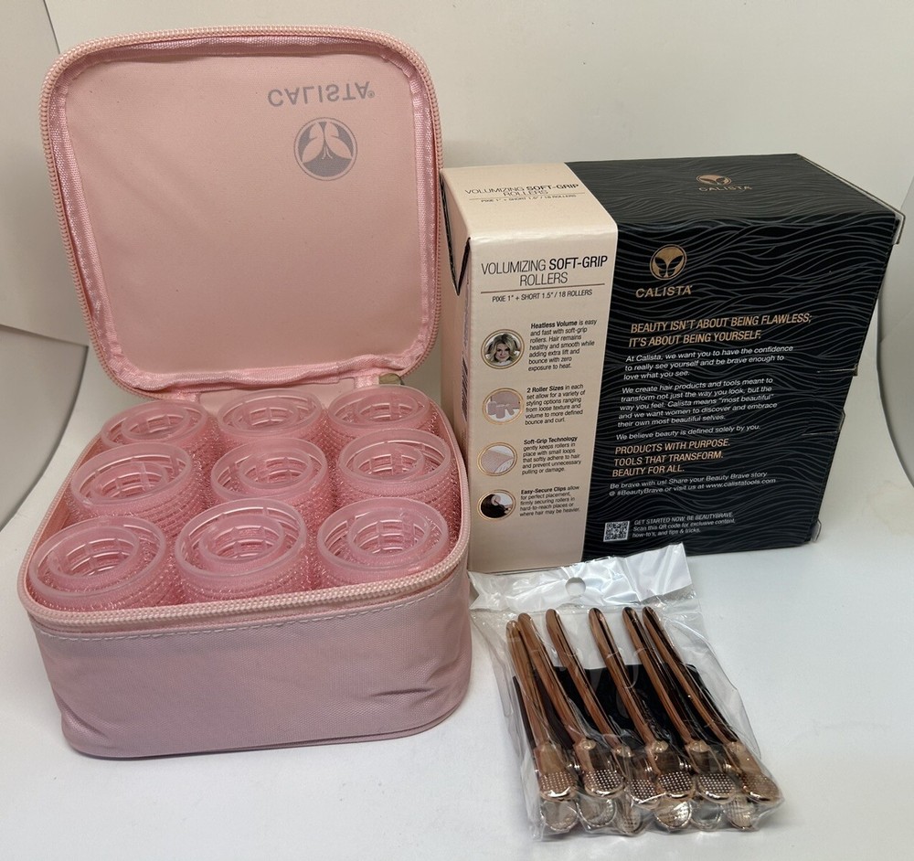 Calista Volumizing Self Grip Rollers 18 Curlers Clips Case Short Pixie NEW W/BOX