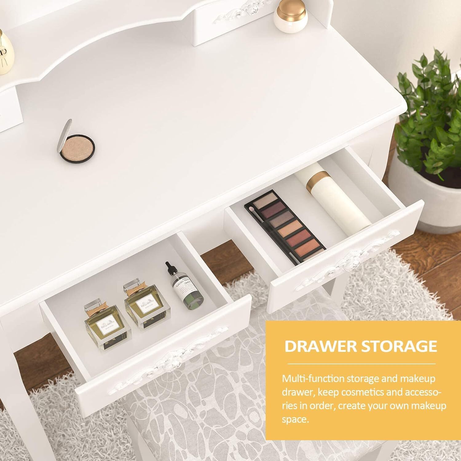 Vanity Makeup Dressing Table Stool Set w/4 Drawers& Mirrors Wood Desk White