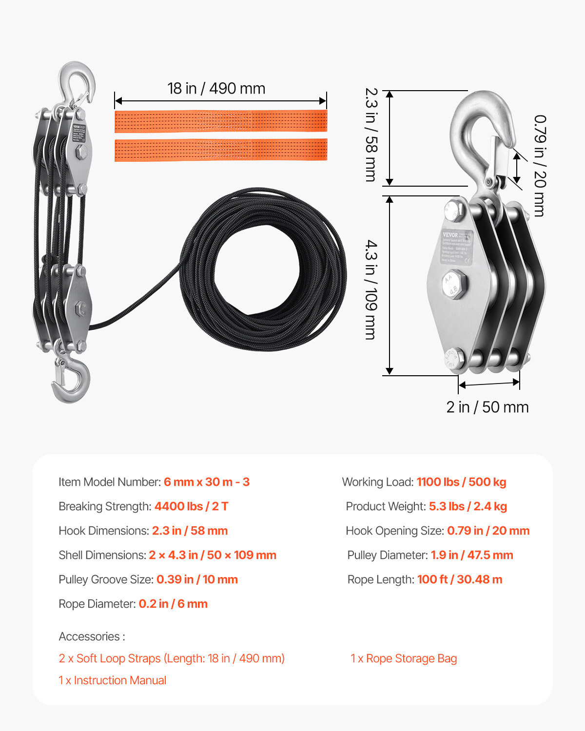 4400 lbs Rope Hoist Pulley System Block and Tackle 5:1 Lifting Ratio 100 ft Rope