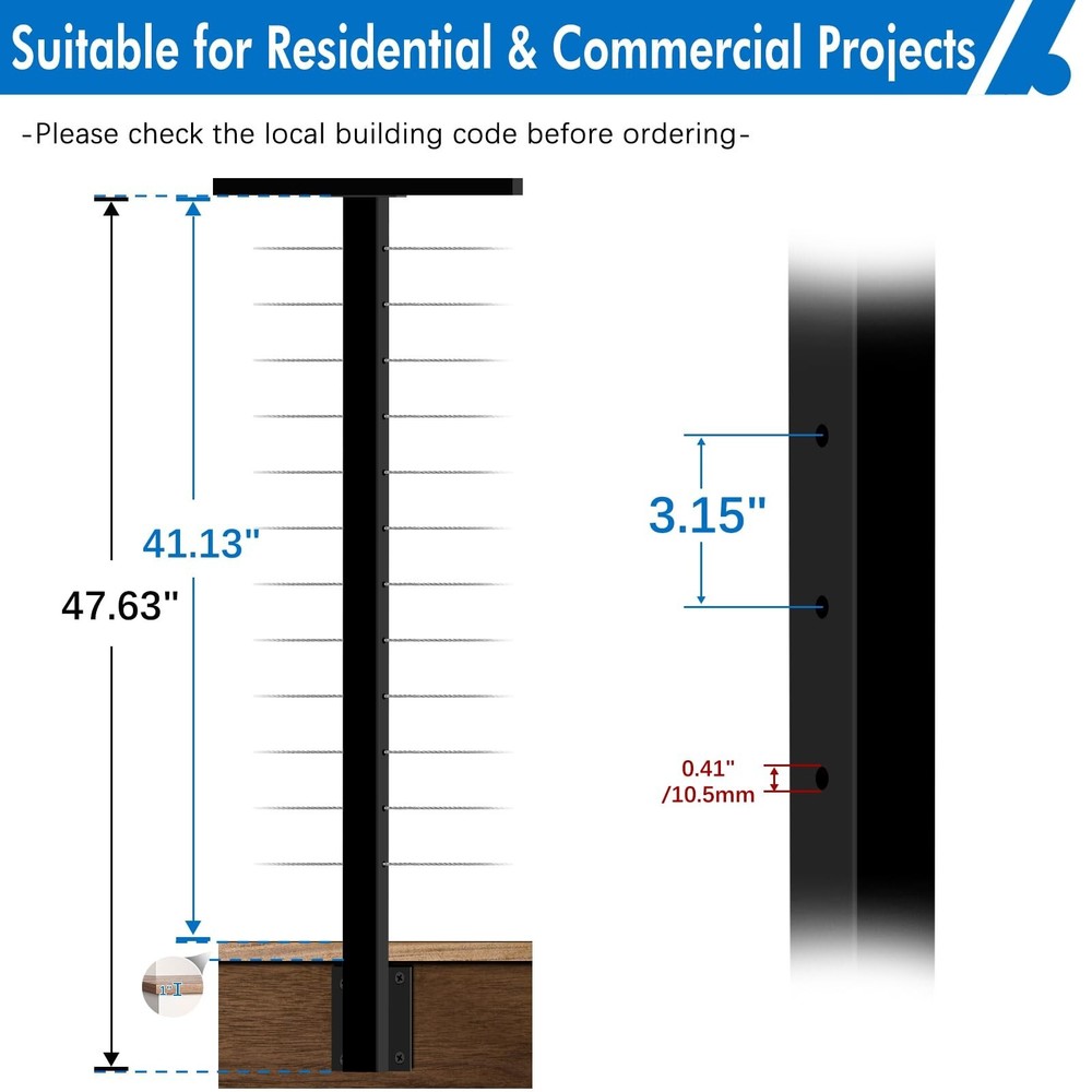 2 Pack Side Mount Level Drilled Cable Railing Post 42"x2"x2"(Post Body 47.6")...