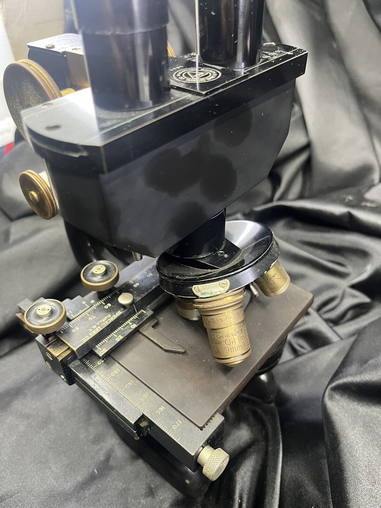 ANTIQUE BRASS BAUSCH & LOMB BINOCULAR MICROSCOPE IN BOX