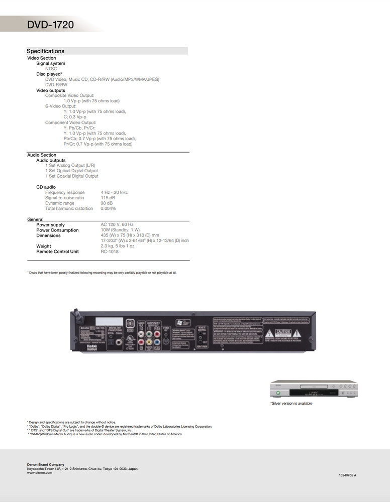 Denon DVD-1720 CD/DVD Player