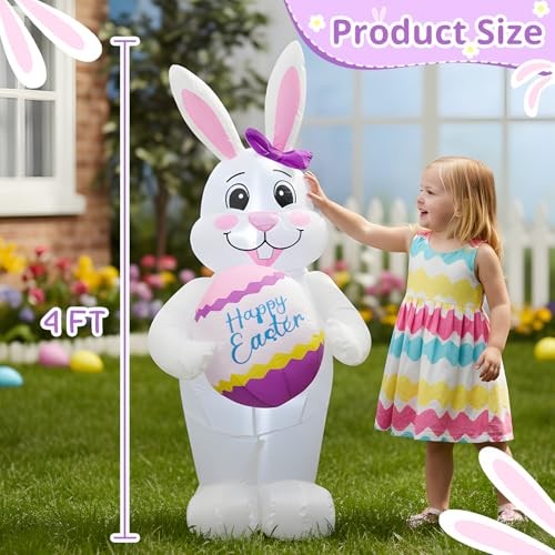 4FT Easter Inflatable Bunny with Egg Outdoor Decoration,Easter Blow Up Yard