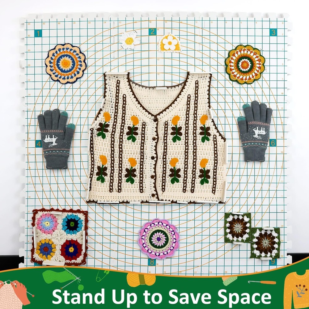 9 Pcs Blocking Mats for Knitting, Extra Thick Blocking Boards with Grids, wit...